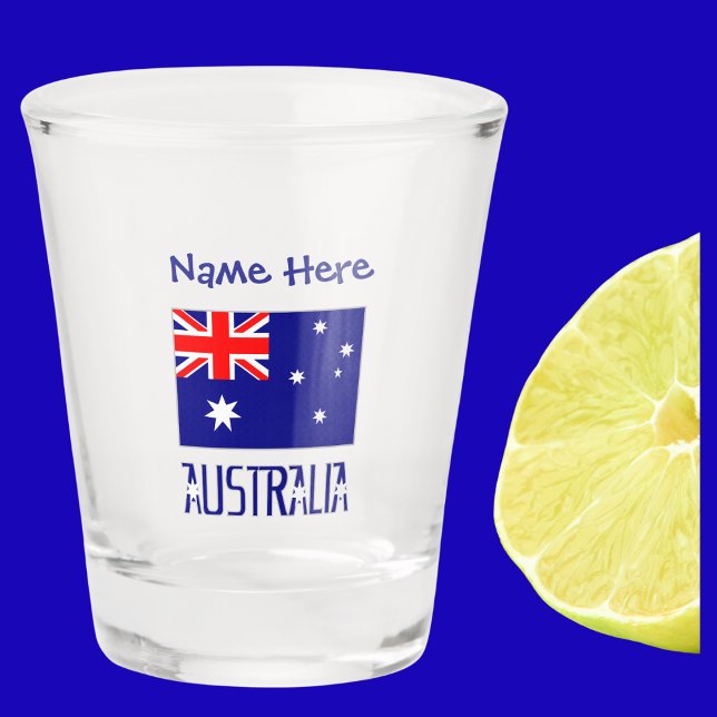 Australia Australian Flag Blue Personalisation  Shot Glass (Australian Flag on shot glass with words AUSTRALIA below in flag colors. Above, add name in blue.)