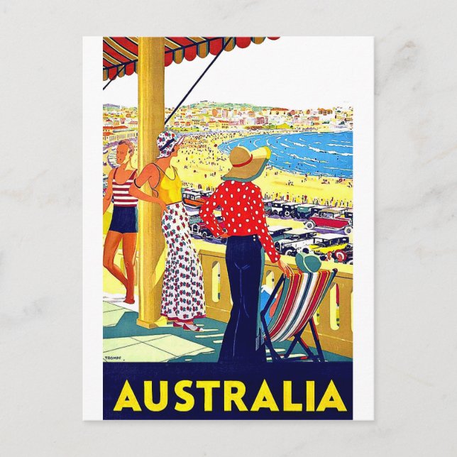 Australia beach, view, people on terrace, vintage postcard (Front)