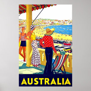 Australia beach, view, people on terrace, vintage poster