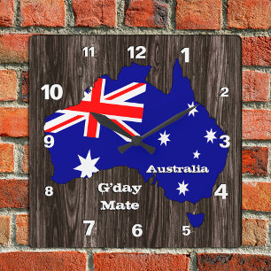 Australia Clock, G'day Mate, wood, Australian Flag Square Wall Clock