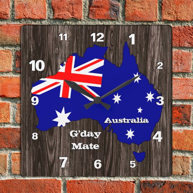Australia Clock, G'day Mate, wood, Australian Flag Square Wall Clock (Creator Uploaded)