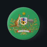 australia coat of arms 6 cm round badge<br><div class="desc">Coat of arms of Australia. The coat of arms of Australia is the official symbol of Australia. The shield is the focal point of the coat of arms, contained within is the badge of each Australian state. The Red Kangaroo and Emu that support the shield are the unofficial animal emblems...</div>