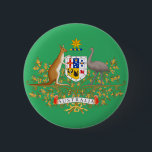 australia coat of arms 6 cm round badge<br><div class="desc">Coat of arms of Australia. The coat of arms of Australia is the official symbol of Australia. The shield is the focal point of the coat of arms, contained within is the badge of each Australian state. The Red Kangaroo and Emu that support the shield are the unofficial animal emblems...</div>