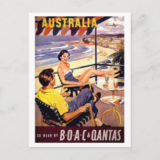 Australia, couple enjoy on terrace, vintage travel postcard