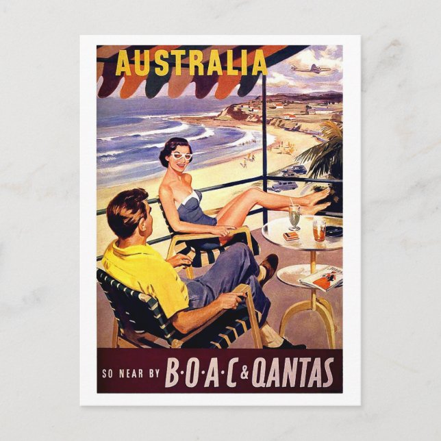 Australia, couple enjoy on terrace, vintage travel postcard (Front)