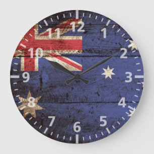 Australia Flag on Old Wood Grain Large Clock