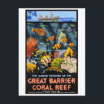 Australia Great Barrier Coral Reef Vintage Poster Postcard<br><div class="desc">Restored and digitally enhanced vintage travel poster of Australia. Great Barrier Coral Reef poster. Imperfections removed. Colours corrected.</div>