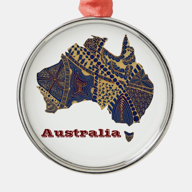 Australia Map Tan-Blue-Red Metal Tree Decoration (Front)