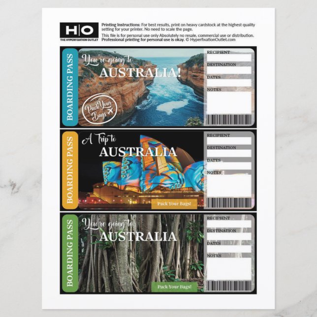 Australia Mock Ticket for Travel and Events (Front)