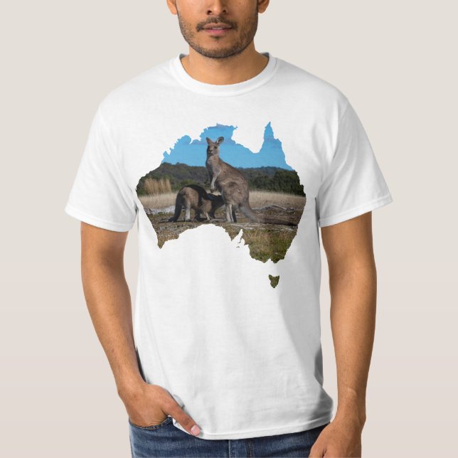 Australia Shape Kangaroo and drinking joey T-Shirt (Front)
