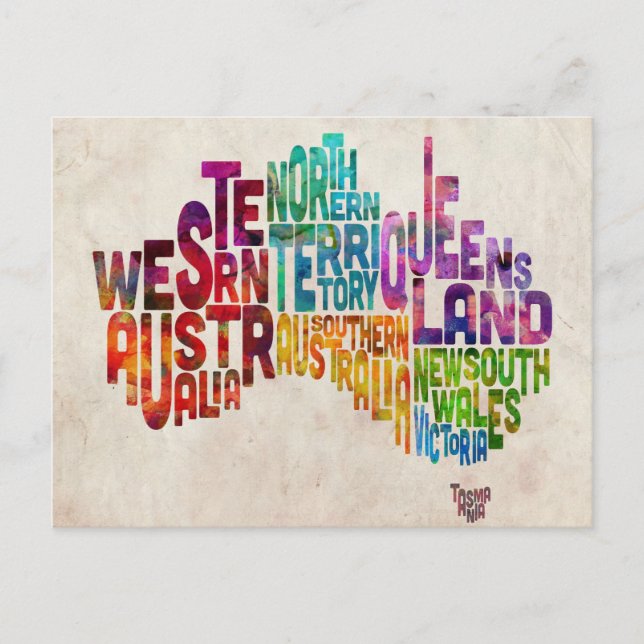 Australia Typographic Text Map Postcard (Front)