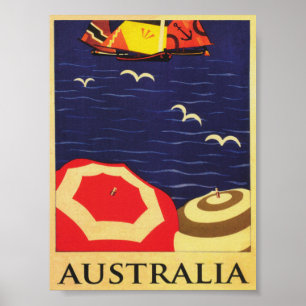Australia Vintage Beach Umbrellas Travel Poster