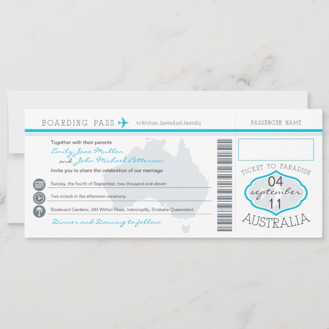 Australia Wedding Boarding Pass Invitation (Front)