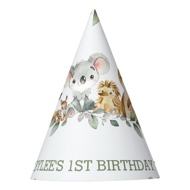 Australian Animal Greenery 1st Birthday Boy Girl   Party Hat (Front)
