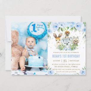 Australian Animals Blue Floral Birthday Photo  Invitation