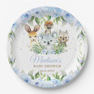 Australian Animals Blue Floral Boy Baby Shower Paper Plate