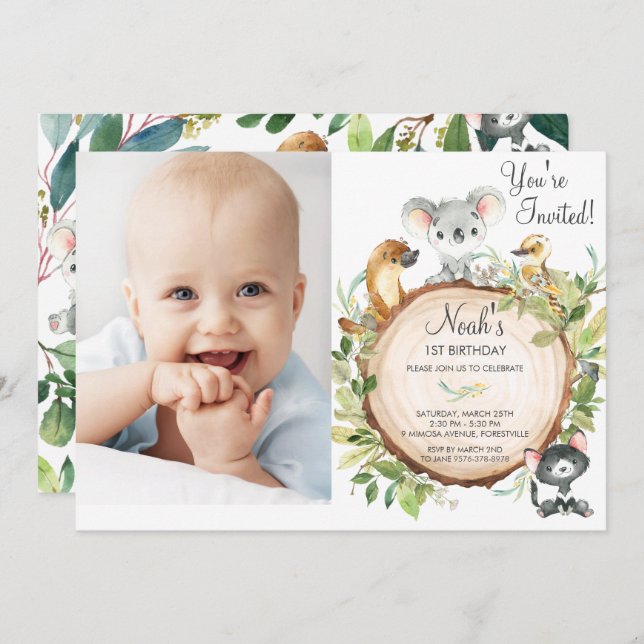 Australian Animals Cute Koala 1st Birthday Photo Invitation (Front/Back)