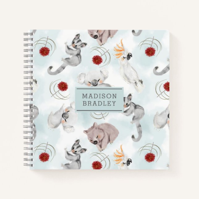 Australian Animals Cute Watercolour Personalised Notebook (Front)