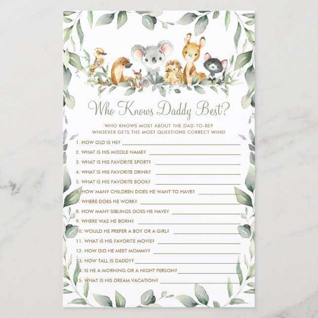 Australian Animals Green Who Knows Daddy Best Game (Front)