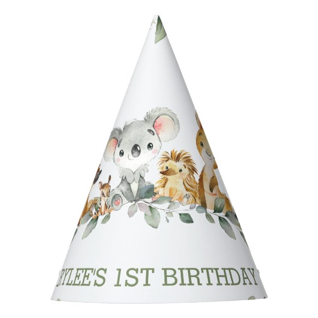 Australian Animals Greenery 1st Birthday Boy Girl Party Hat (Front)