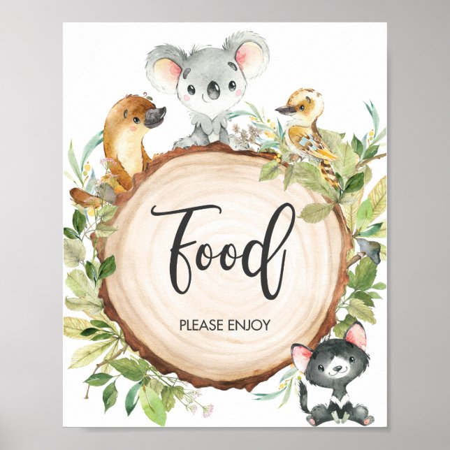 Australian Animals Greenery Baby Shower Food Sign (Front)