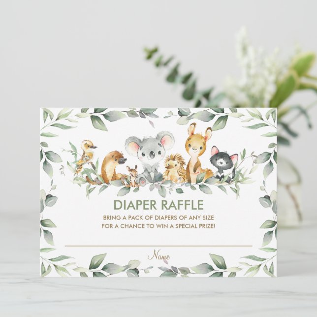 Australian Animals Greenery Diaper Raffle Card (Standing Front)