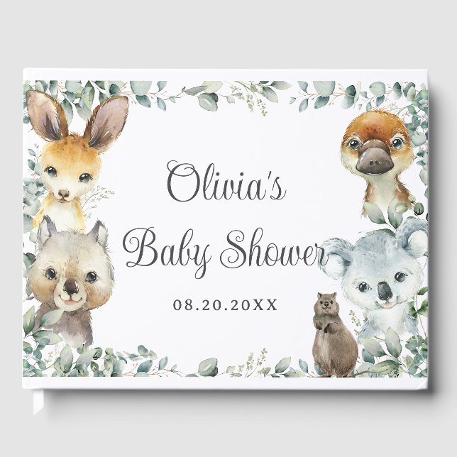 Australian Animals Greenery Neutral Baby Shower  Guest Book (Front)