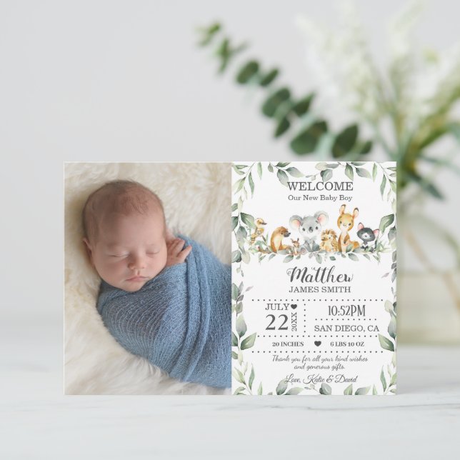 Australian Animals Greenery New Baby Photo Birth  Announcement (Standing Front)