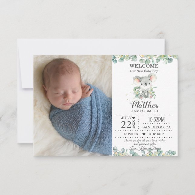Australian Animals Greenery New Baby Photos Birth Announcement (Front)