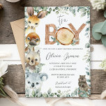 Australian Animals Greenery Wood Boy Baby Shower  Invitation<br><div class="desc">Personalise this wonderful Australian Animals Baby Shower invitation easily and quickly. Simply click the customise it further button to edit the texts,  change fonts and fonts colours. Featuring watercolor hand-drawn Australian animals and rustic green foliage adorn "it's a boy" headline. Matching items available in store. (c) Somerset Fine Paperie</div>