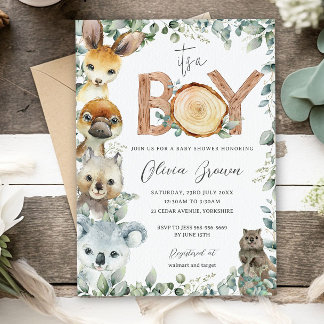 Australian Animals Greenery Wood Boy Baby Shower Invitation