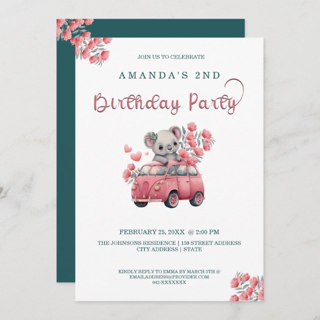 Australian Animals Koala Blue BIRTHDAY  Invitation (Front/Back)