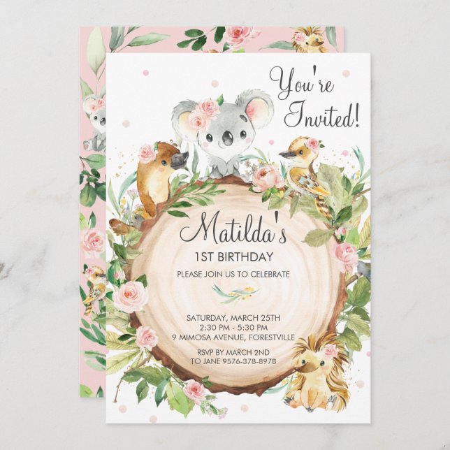 Australian Animals Koala Pink Floral Girl Birthday Invitation (Front/Back)