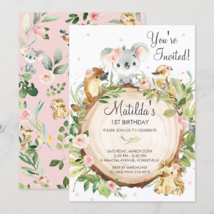 Australian Animals Koala Pink Floral Girl Birthday Invitation