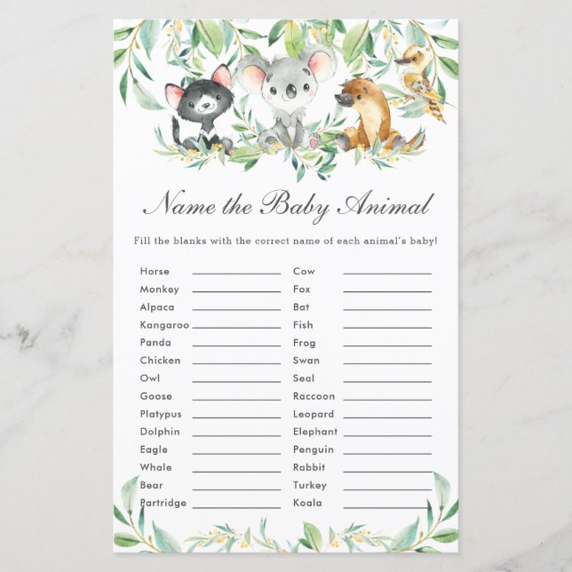 Australian Animals Name the Baby Animal Fun Game (Front)