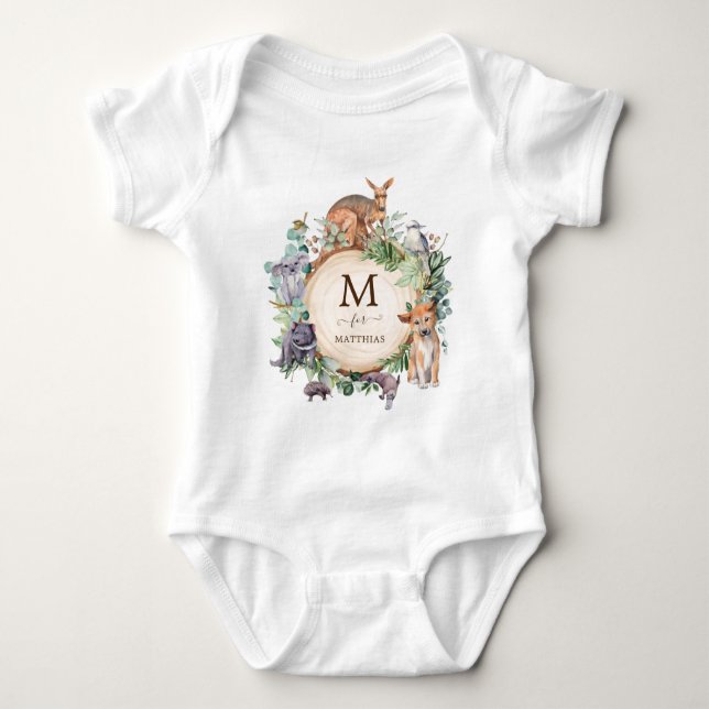 Australian Animals Native Greenery Boy Monogram Baby Bodysuit (Front)