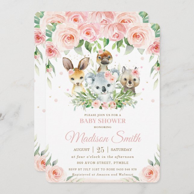 Australian Animals Pink Blush Floral Baby Shower Invitation (Front/Back)