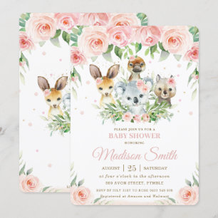 Australian Animals Pink Blush Floral Baby Shower Invitation