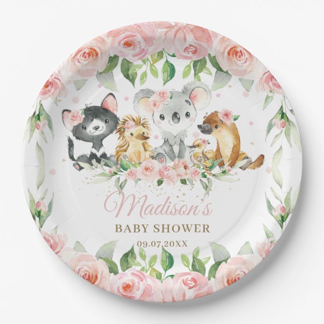 Australian Animals Pink Floral Girl Baby Shower   Paper Plate (Front)