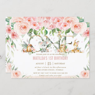 Australian Animals Pink Floral One 1st Birthday  Invitation