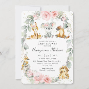 Australian Animals Pink Floral Sage Baby Shower Invitation