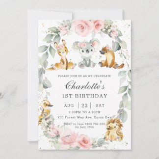 Australian Animals Pink Floral Sage Birthday Party Invitation