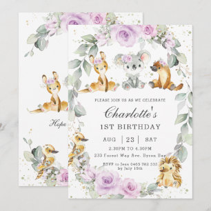 Australian Animals Purple Floral Birthday Party Invitation