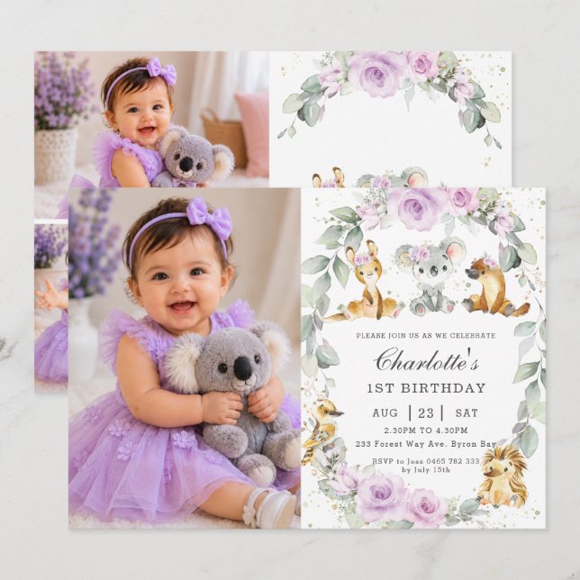 Australian Animals Purple Floral Birthday Photo Invitation (Front/Back)