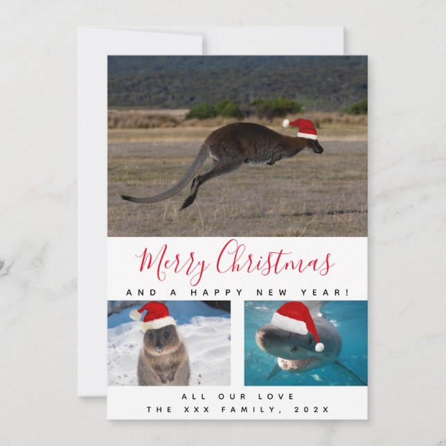 Australian Animals Red Script Multi Photo Collage Holiday Card (Front)