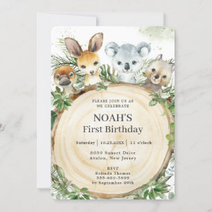 Australian Animals Rustic Wood Slice Birthday  Invitation