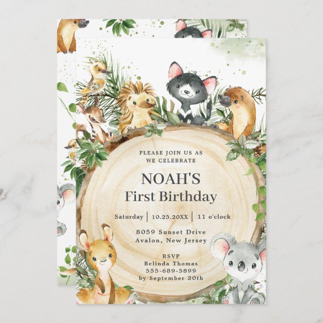 Australian Animals Rustic Wood Slice Birthday   Invitation (Front/Back)