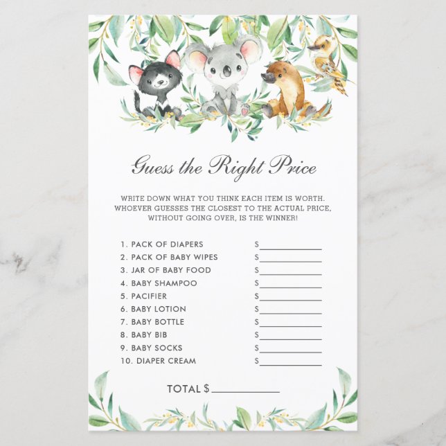 Australian Animals Shower Guess the Right Price (Front)