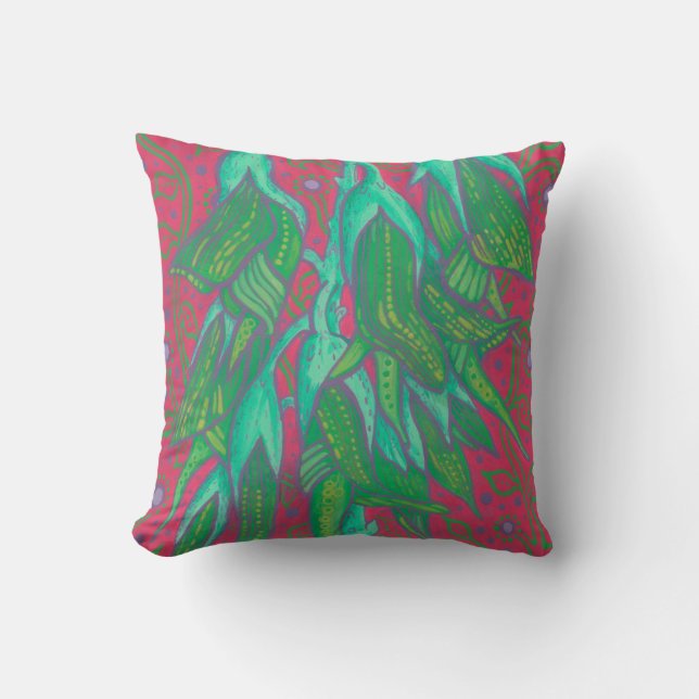 Australian Bird Flower, Tropical Floral Green Pink Cushion (Front)