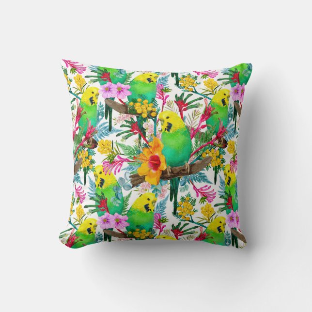 Australian Budgerigar Wildflower Pattern Cushion (Front)